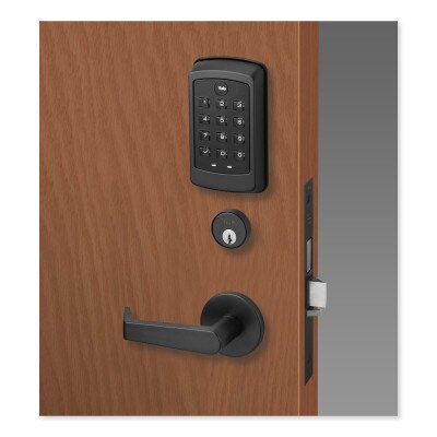 Yale nexTouch Mortise Lock Z-Wave Plus v2 Pushbutton Cylinder Override with Thumbturn, Augusta Lever, Black Suede